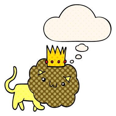 çizgi roman tarzında taç ve düşünce balonu ile karikatür aslan