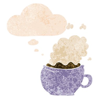 retro dokulu s kahve karikatür sıcak fincan ve düşünce balonu