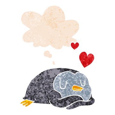 retro dokulu sty içinde aşk ve düşünce balonu karikatür penguen