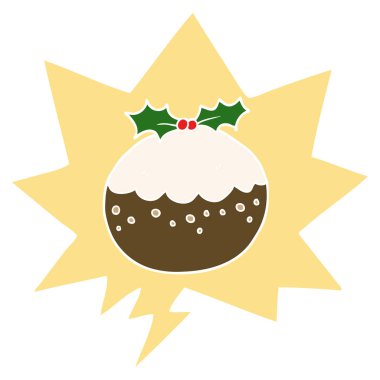 retro tarzında karikatür noel puding ve konuşma balonu