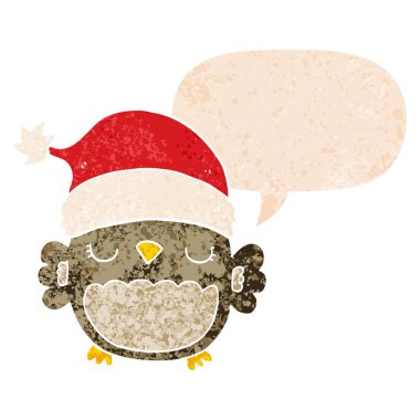 retro dokulu tarzı sevimli noel baykuş ve konuşma balonu