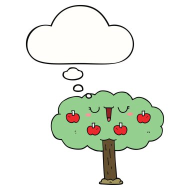 karikatür elma ağacı ve düşünce balonu