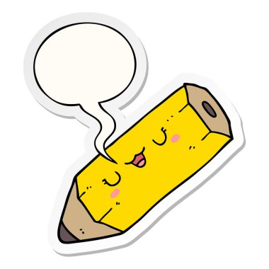 sevimli karikatür kalem ve konuşma kabarcık etiket