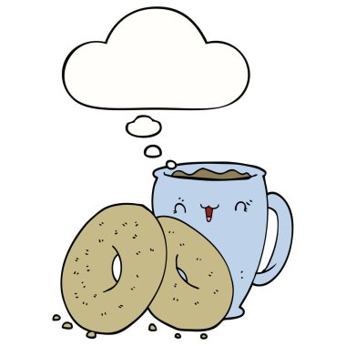 karikatür kahve ve çörekler ve düşünce balonu