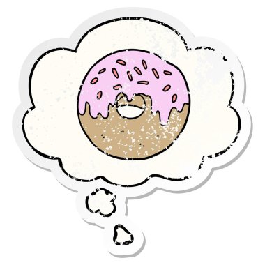 bir sıkıntılı yıpranmış etiket olarak karikatür donut ve düşünce balonu