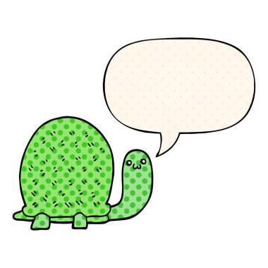 çizgi roman tarzında sevimli karikatür kaplumbağa ve konuşma balonu