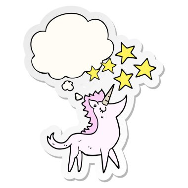 karikatür tek boynuzlu at ve baskılı bir etiket olarak kabarcık düşünce