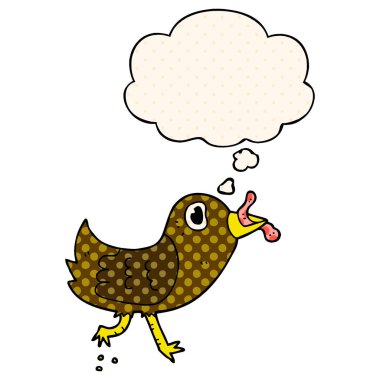 çizgi roman tarzında solucan ve düşünce balonu ile karikatür kuş