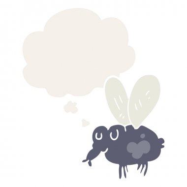 karikatür sinek ve retro tarzında kabarcık düşünce