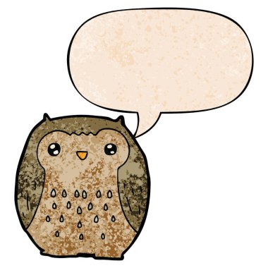 retro doku tarzında sevimli karikatür baykuş ve konuşma balonu