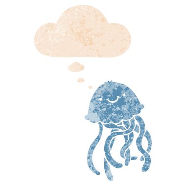 karikatür mutlu denizanası ve retro dokulu sty düşünce balonu