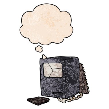 karikatür kırık eski bilgisayar ve grunge doku düşünce balonu