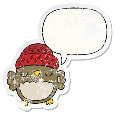 şapka ve konuşma balonu sıkıntılı etiket sevimli karikatür baykuş