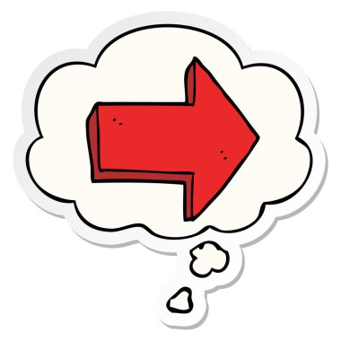 karikatür işaret ok ve basılı bir etiket olarak kabarcık düşünce