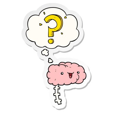 karikatür meraklı beyin ve baskılı bir etiket olarak kabarcık düşünce