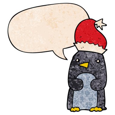 retro doku tarzında sevimli noel penguen ve konuşma balonu
