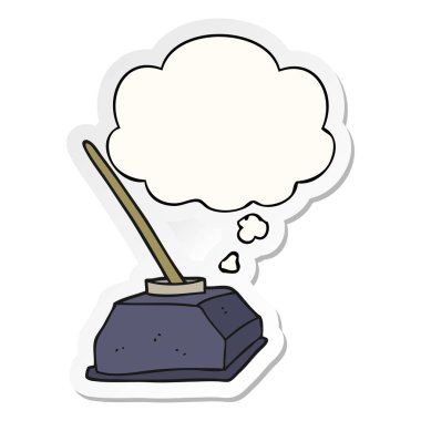 karikatür eski mürekkep pot ve kalem ve baskılı stic olarak kabarcık düşünce