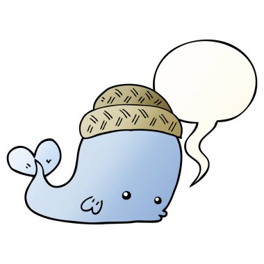 düzgün degrade s şapka ve konuşma balonu giyen karikatür balina