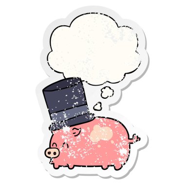 karikatür domuz üst şapka giyen ve sıkıntılı bir w olarak kabarcık düşündüm