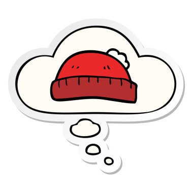 karikatür yünlü şapka ve baskılı bir etiket olarak kabarcık düşünce