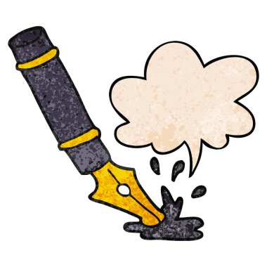 retro doku tarzında karikatür çeşme kalem ve konuşma balonu