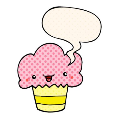 çizgi roman tarzında karikatür cupcake ve yüz ve konuşma balonu