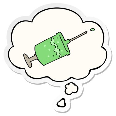 karikatür şırınga iğne ve baskılı bir etiket olarak kabarcık düşünce