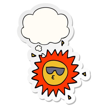 karikatür güneş ve baskılı bir etiket olarak kabarcık düşünce
