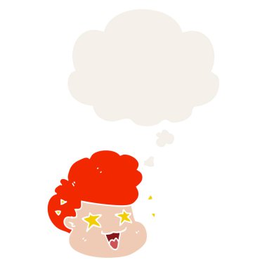 karikatür heyecanlı çocuk ve retro tarzında kabarcık düşünce