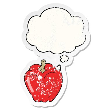 karikatür biber ve sıkıntılı yıpranmış etiket olarak kabarcık düşünce