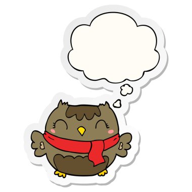 sevimli karikatür baykuş ve basılı bir etiket olarak kabarcık düşünce