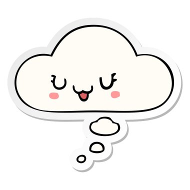 sevimli mutlu karikatür yüz ve baskılı bir etiket olarak kabarcık düşünce