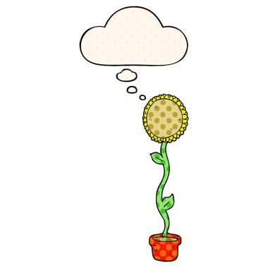 çizgi film ayçiçeği ve çizgi roman tarzında düşünce balonu