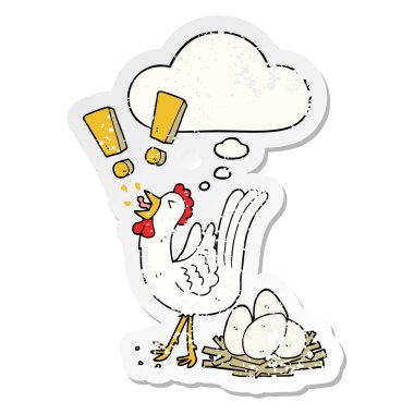 karikatür tavuk yumurtlama yumurta ve sıkıntılı bir wo olarak kabarcık düşünce