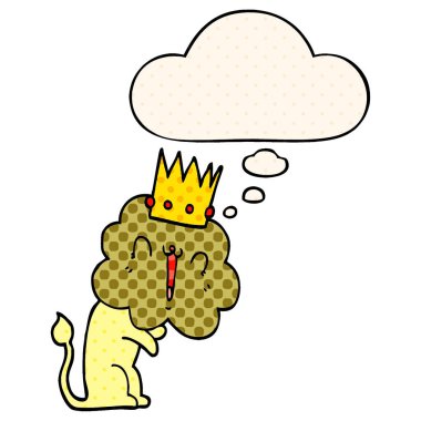 çizgi roman tarzında taç ve düşünce balonu ile karikatür aslan