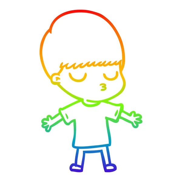 Regenbogen-Gradienten-Linie Zeichnung Karikatur ruhiger Junge — Stockvektor