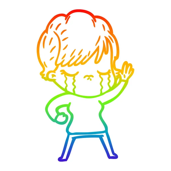 Rainbow gradient line drawing cartoon woman crying — Stock Vector