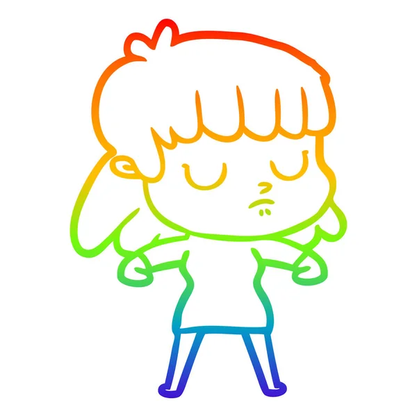 Arco iris gradiente línea dibujo dibujos animados indiferente mujer — Vector de stock