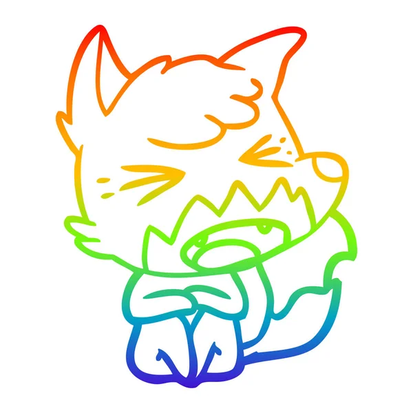 Regenboog gradiënt lijntekening boos cartoon Fox zittend op de vloer — Stockvector