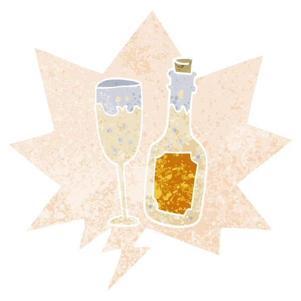 Bouteille de champagne dessin animé et verre et bulle de parole dans rétro te — Image vectorielle