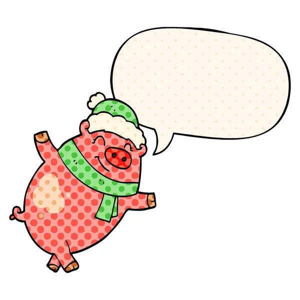 Мультяшна свиня в різдвяному капелюсі та мові бульбашки в коміксі — стоковий вектор