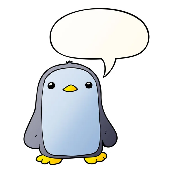Lindo pingüino de dibujos animados y burbuja del habla en estilo gradiente suave — Archivo Imágenes Vectoriales
