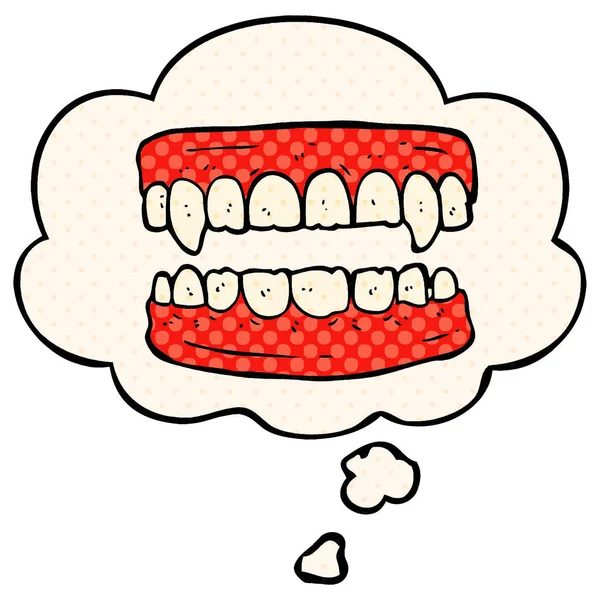 Dientes de vampiro de dibujos animados y burbuja de pensamiento en estilo de cómic — Vector de stock