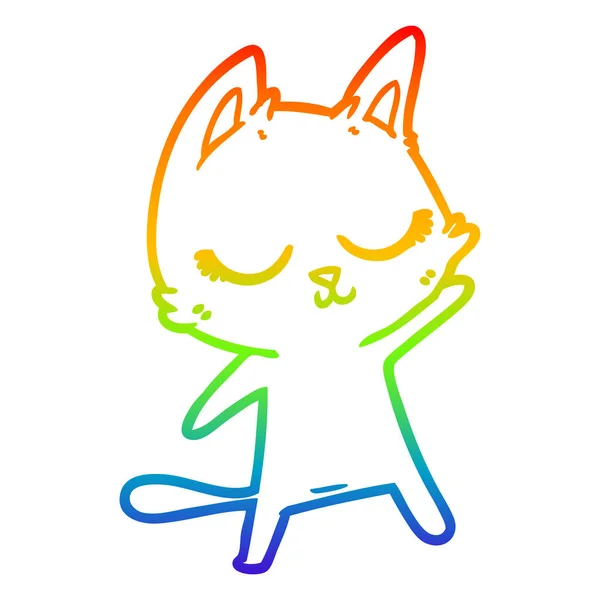 Regenbogengradienten Linie Zeichnung ruhigen Karikatur Katze winken — Stockvektor