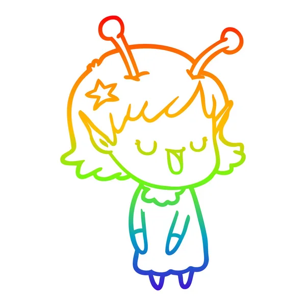 Rainbow gradient line drawing happy alien girl cartoon — Stock Vector