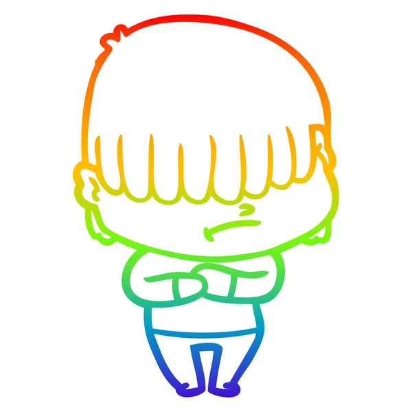 Regenbogen-Gradienten-Linie Zeichnung Cartoon Junge mit unordentlichem Haar — Stockvektor