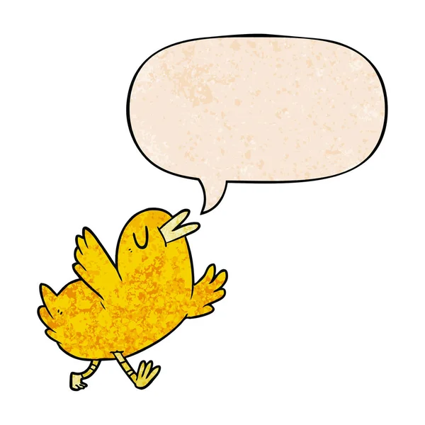 Desenho animado pássaro feliz e bolha de fala em estilo de textura retro — Vetor de Stock