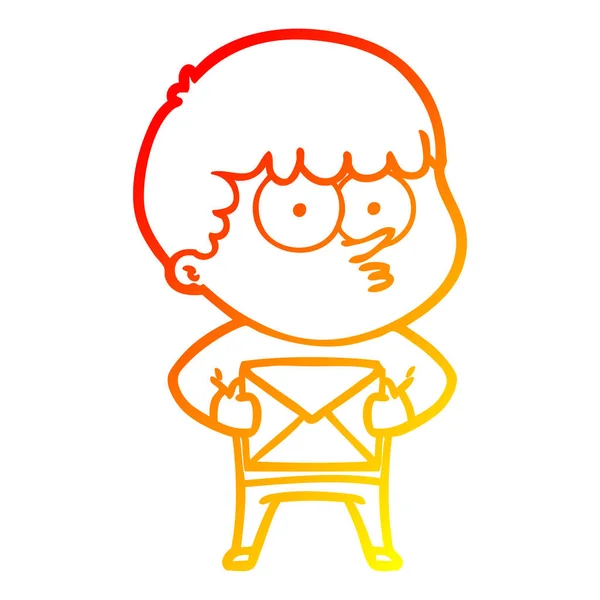 Chaud dégradé ligne dessin dessin animé curieux garçon portant un cadeau — Image vectorielle