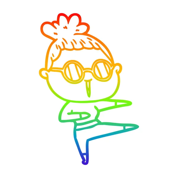 Rainbow gradient ligne dessin dessin animé femme portant des lunettes — Image vectorielle