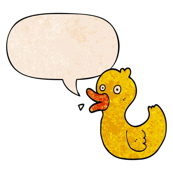 Cartoon quacking Duck och pratbubbla i retro textur stil — Stock vektor